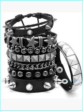 6-Piece Punk Rock Spiked Studded Bracelet Set Adjustable Cuff Wristbands